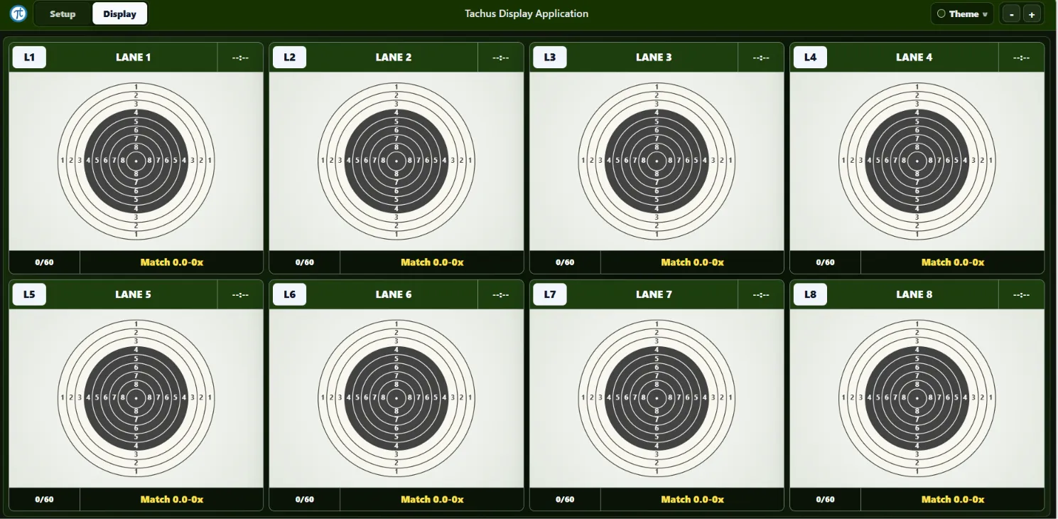 Tachus Display Manager's display view showing eight lanes in a grid, each with its numbered target card, shot count and match total