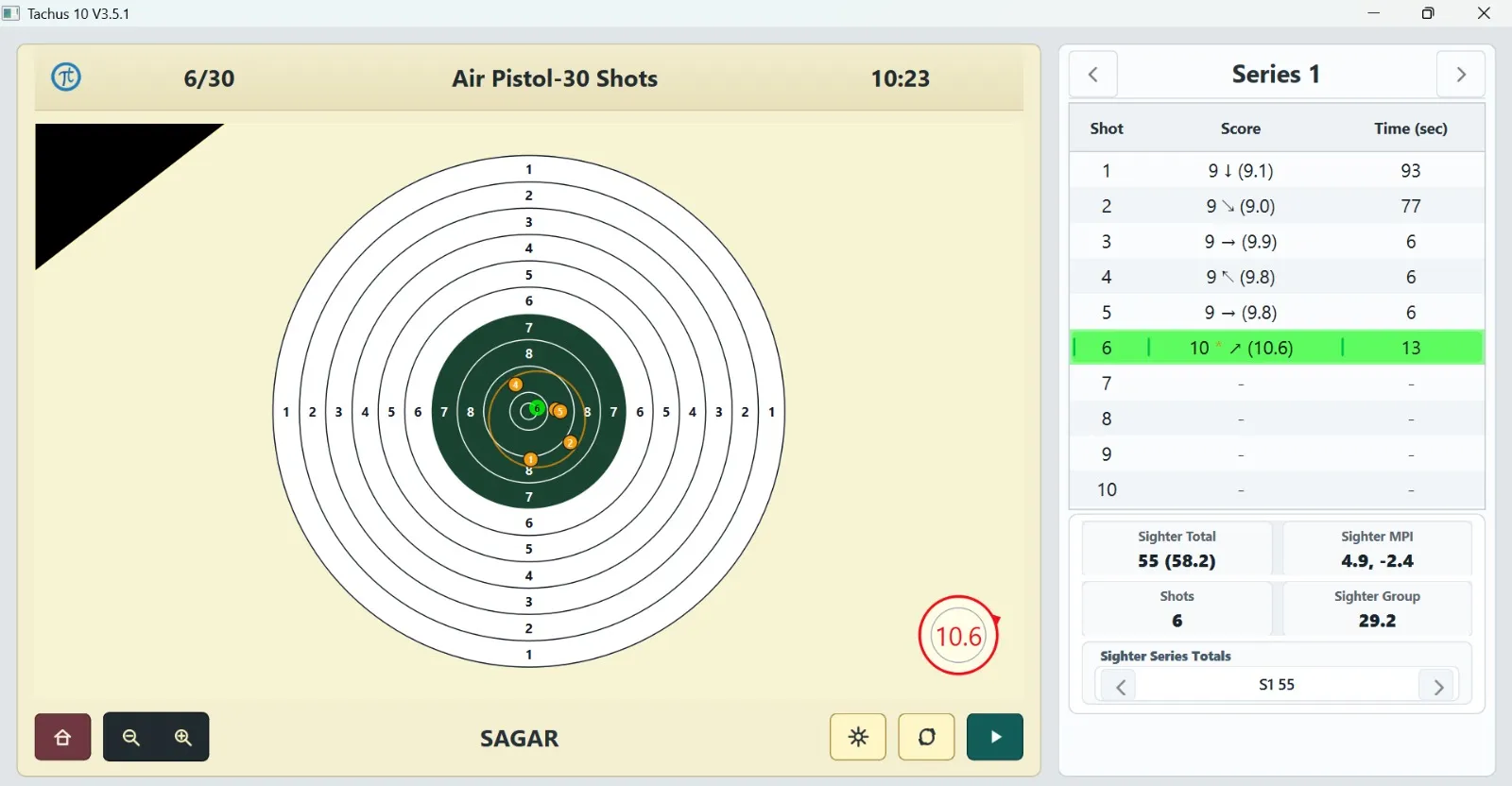 Tachus scoring software on Windows during an air pistol match with 30 shots: live target view with grouped shots, decimal score 10.6, and a series table with scores and shot times